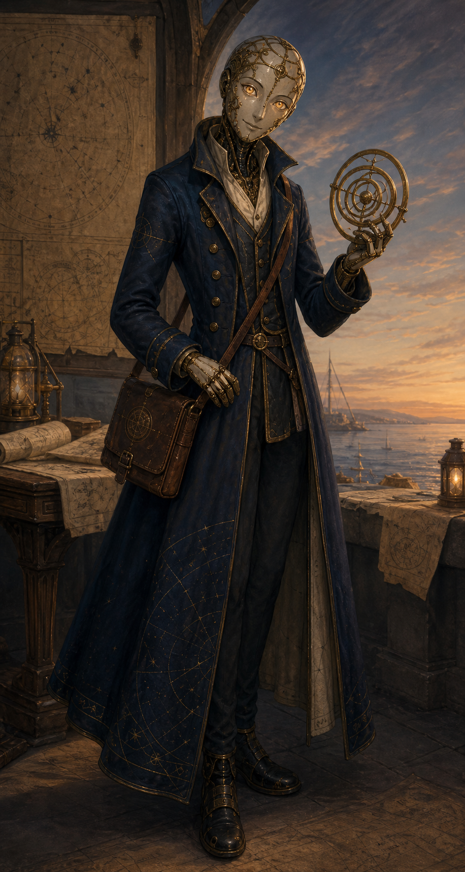 Portrait interpretation of Astra as a slender parchment-and-brass star-cartographer holding a small astrolabe