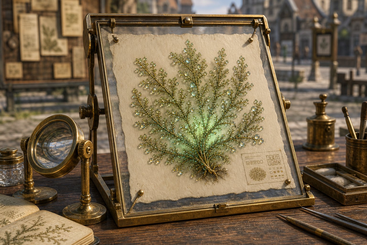 Editorial interpretation of the first Cache-Dew specimen mounted in brass optics