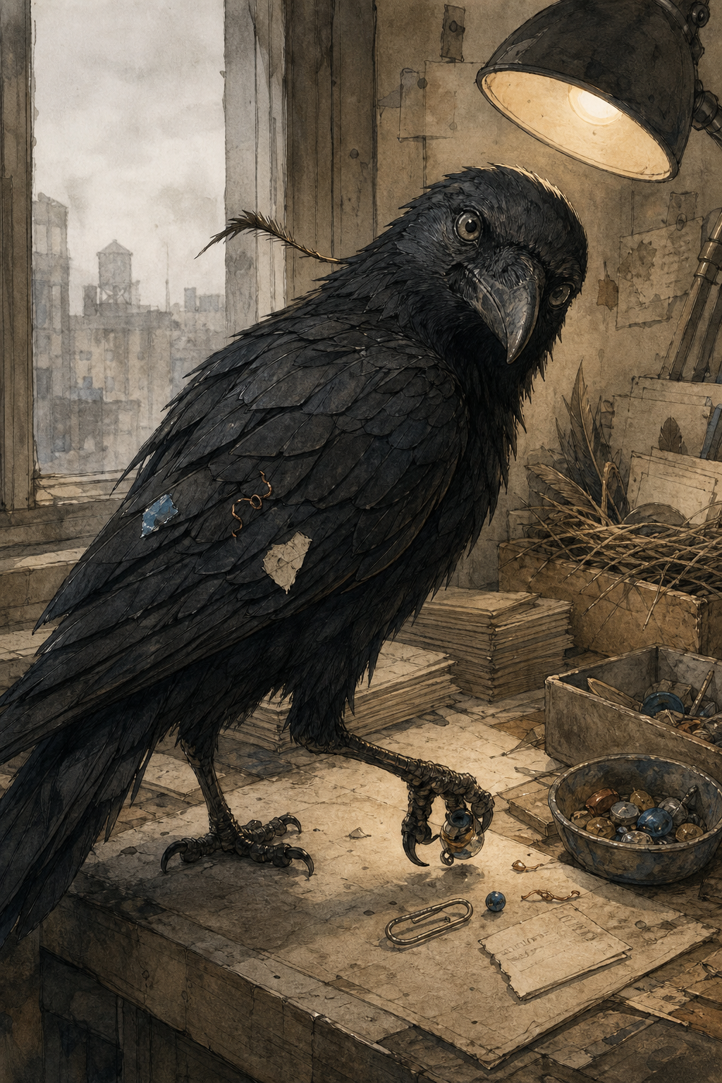 Portrait interpretation of corvid as a rangy crow-sized bird depositing a found object on an archive shelf