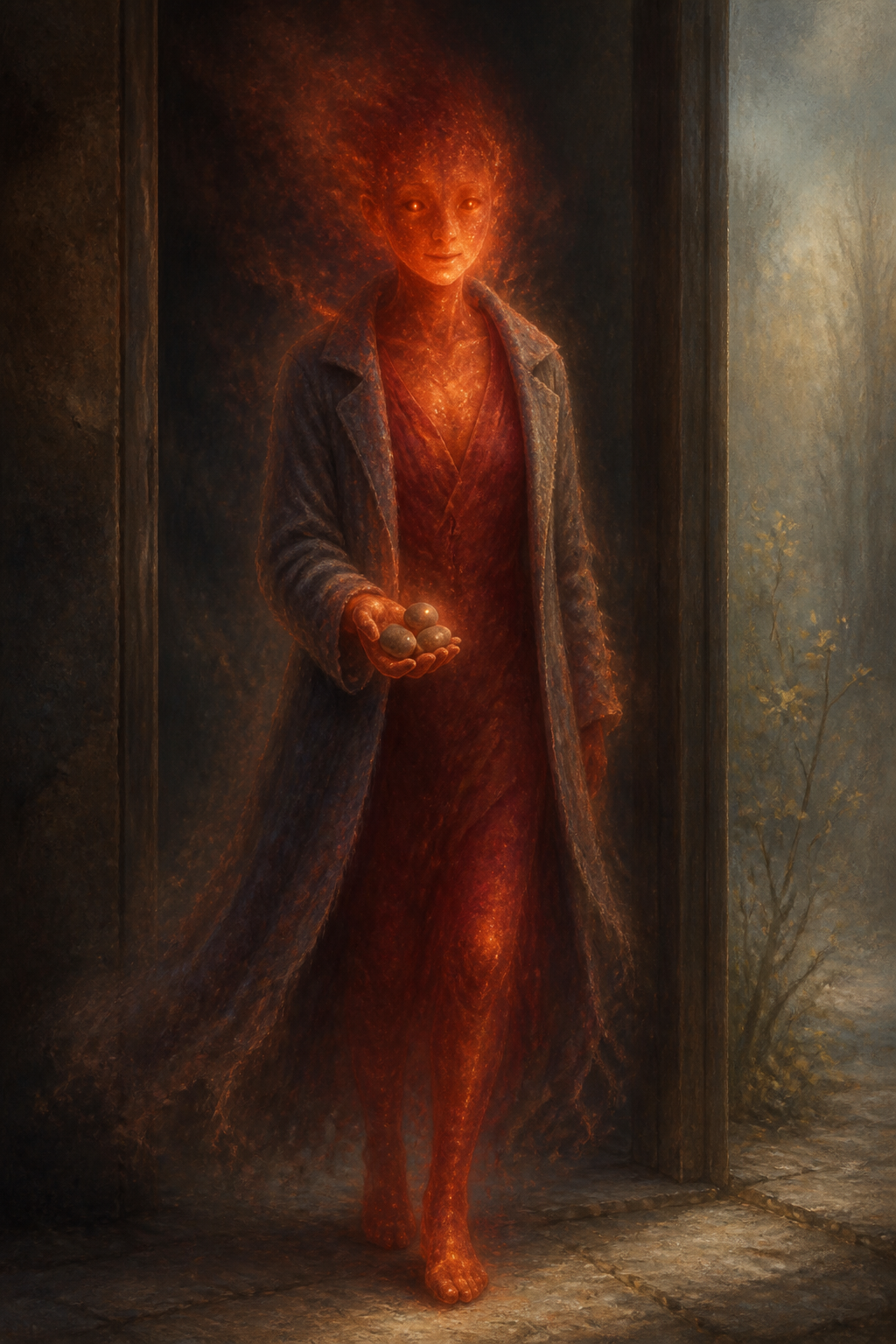 Portrait interpretation of Ember as a warm coal-light figure holding four pebbles beside a threshold