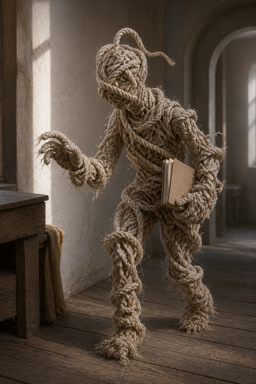 Portrait interpretation of loose-ends as a figure made from frayed cotton twine