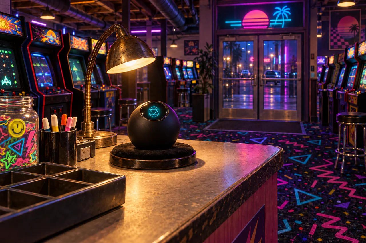 A matte black sphere with a cyan geometric display beneath its sapphire top window rests on a velvet cushion at a neon arcade counter.