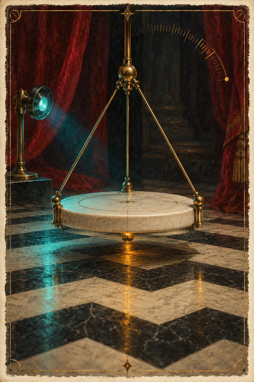 A pale disc hangs in a brass cradle with teal measurement light and a small amber glint in an imagined room.
