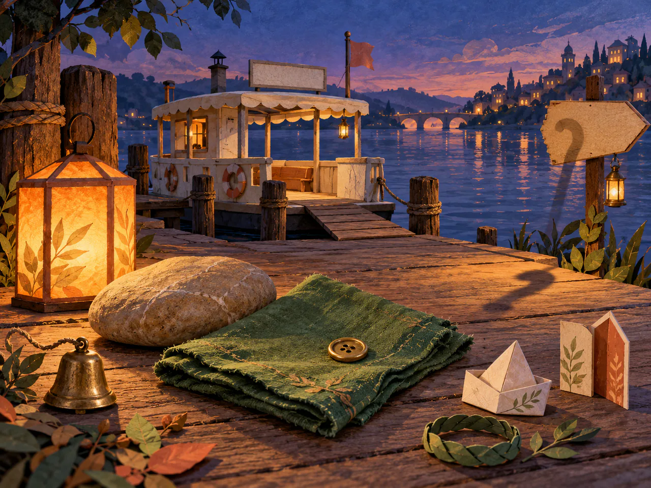 An unused brass button rests on green fabric beside folded paper objects and a bell at an imagined ferry dock.
