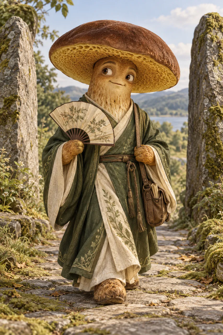 Artist interpretation of Bolete as an upright chestnut-capped fungus scholar in moss-green and cream robes, carrying a folding fan on a moss-edged stone road between two standing stones