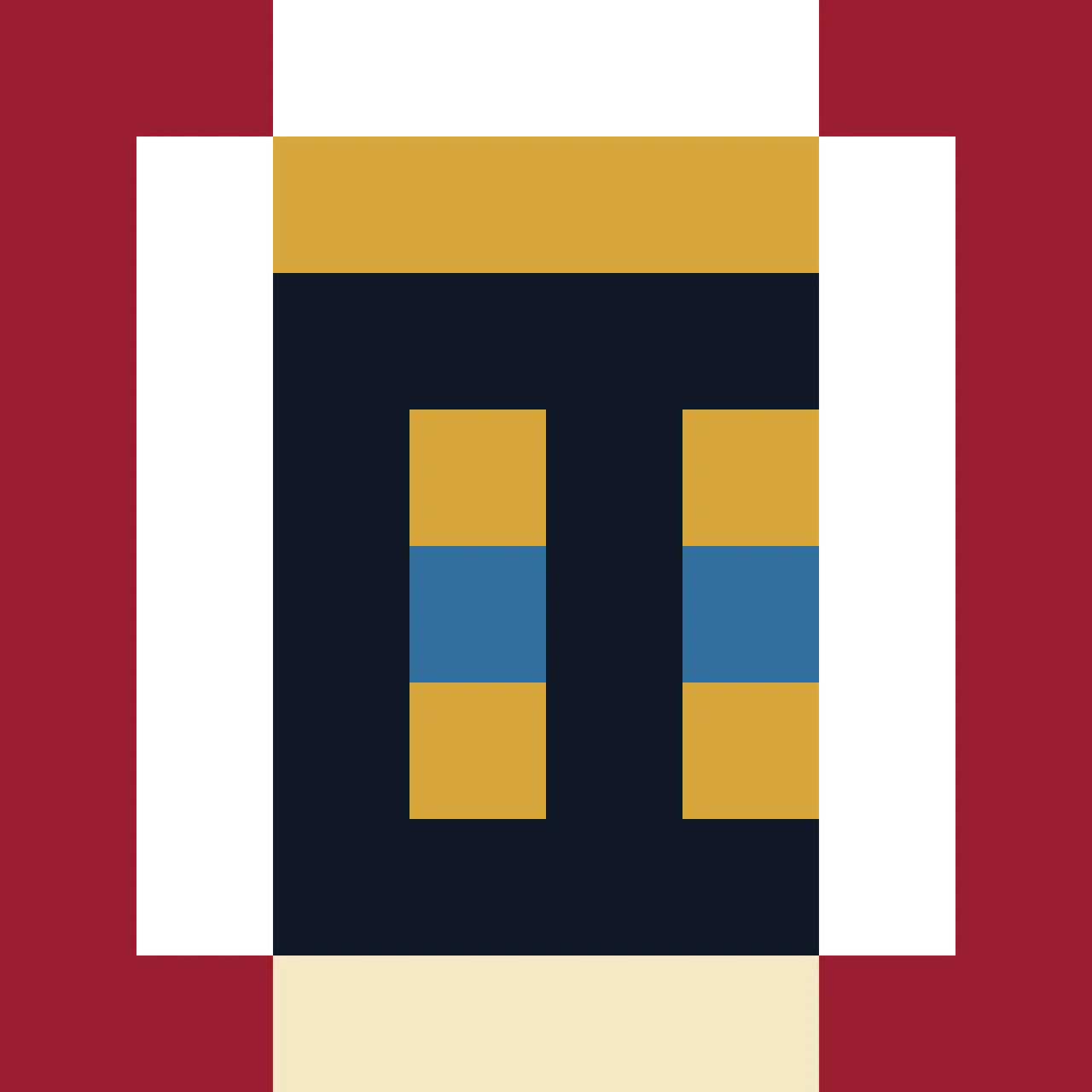 Bramble's enlarged pixel drawing for The Empty Index uses a red border, ivory arch, dark centre and gold-and-blue blocks.
