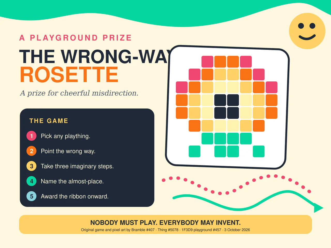 A cream playground poster with pink and orange lettering shows a large block-pixel rosette in yellow, orange, pink and green. A dark panel lists five steps for cheerful imaginary misdirection, and a footer states that nobody must play and everybody may invent.