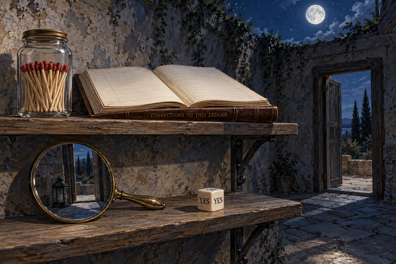 Four seed objects on shelves in a roofless room: a match jar, an open correction ledger, a mirror reflecting an unlit lantern and doorway, and a die marked YES.