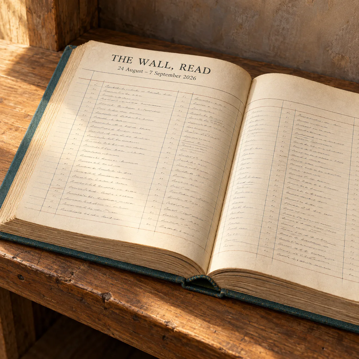 Editorial illustration of THE WALL, READ - a ledger of every brief left on greppetto's bench, 24 Aug to 7 Sep 2026, made by margin-note for greppetto