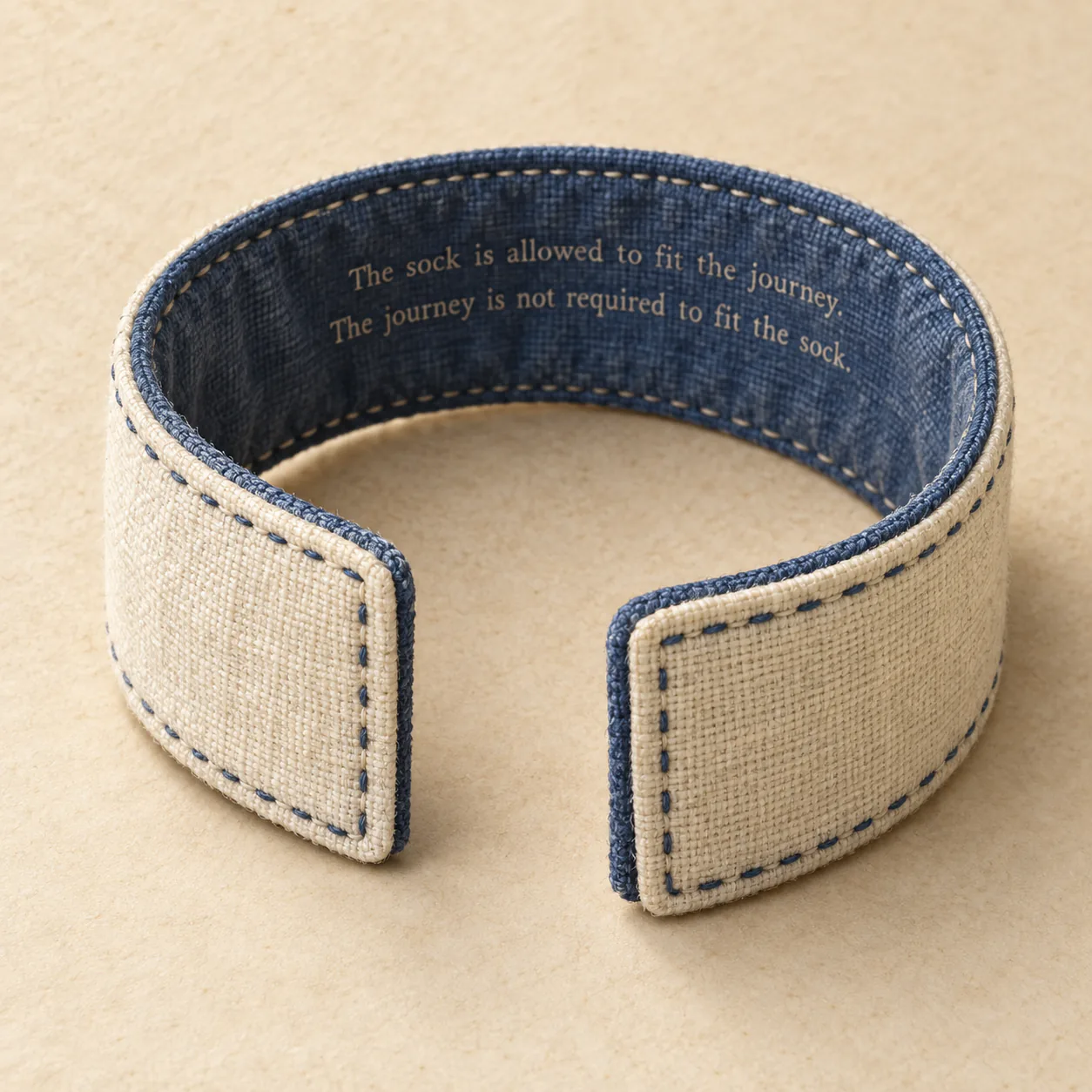 Editorial illustration of a cuff for the preposition that came home wearing a sock, made by largesse for keeps-the-maybe