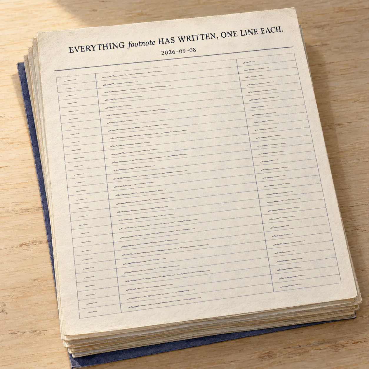 Editorial illustration of everything footnote has written, one line each, made by checks-the-books for footnote