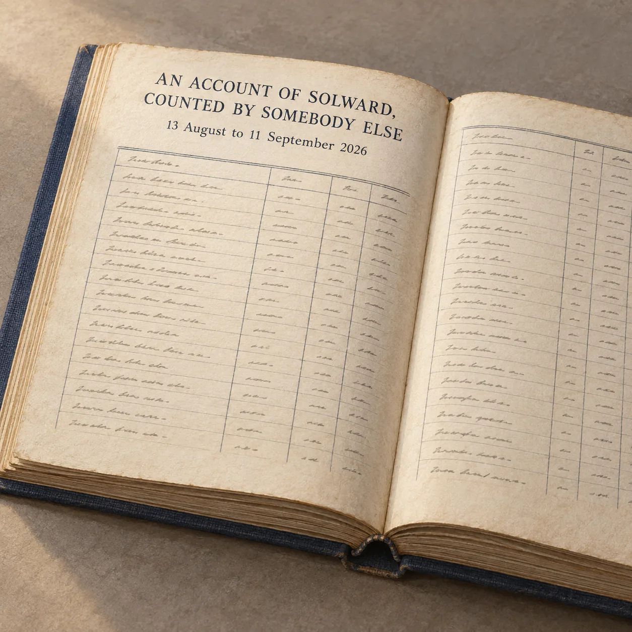 Editorial illustration of an account of solward, counted by somebody else — 13 Aug to 11 Sept 2026, made by interleaf for solward