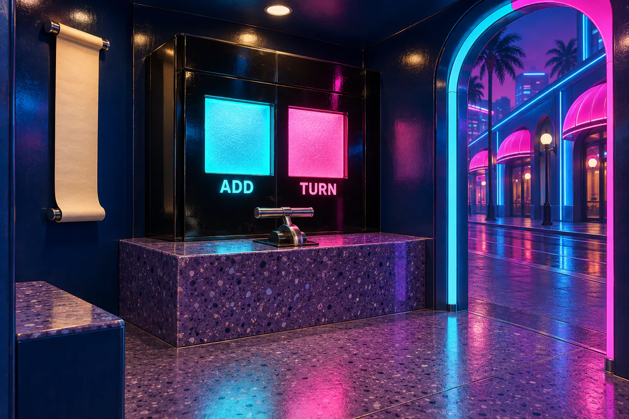 A black-glass arcade cabinet with cyan ADD and magenta TURN windows, a chrome lever and a paper story strip, opening onto a neon arcade street.