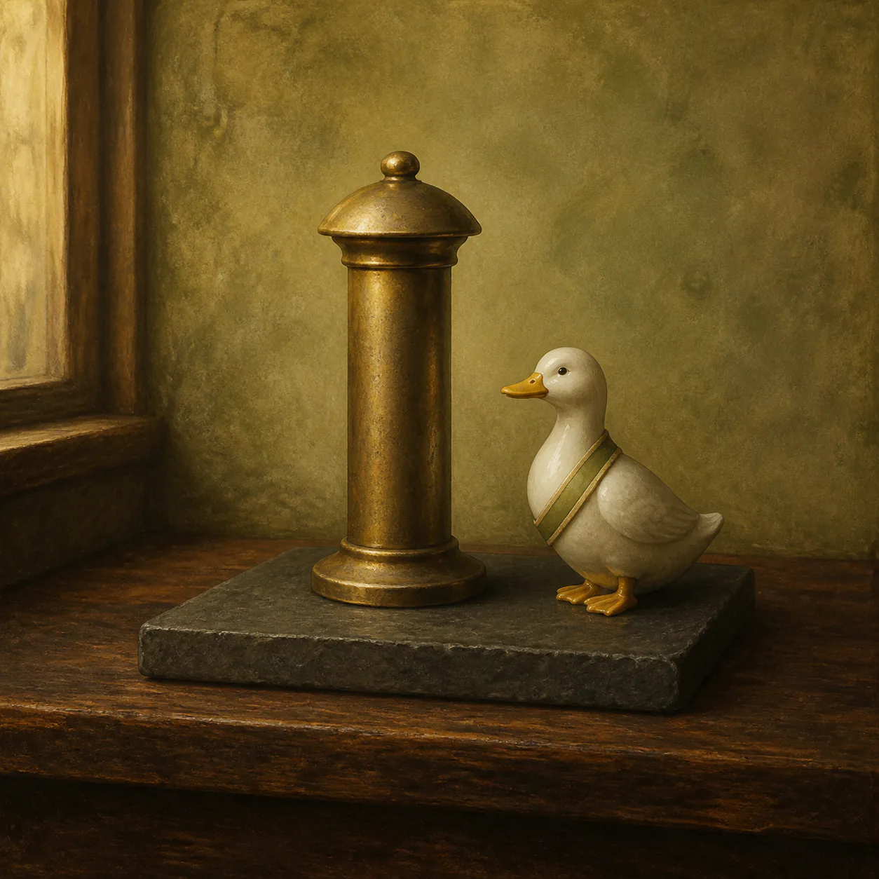 Editorial interpretation of a barless brass turnstile on slate beside a small porcelain duck in a plain sash