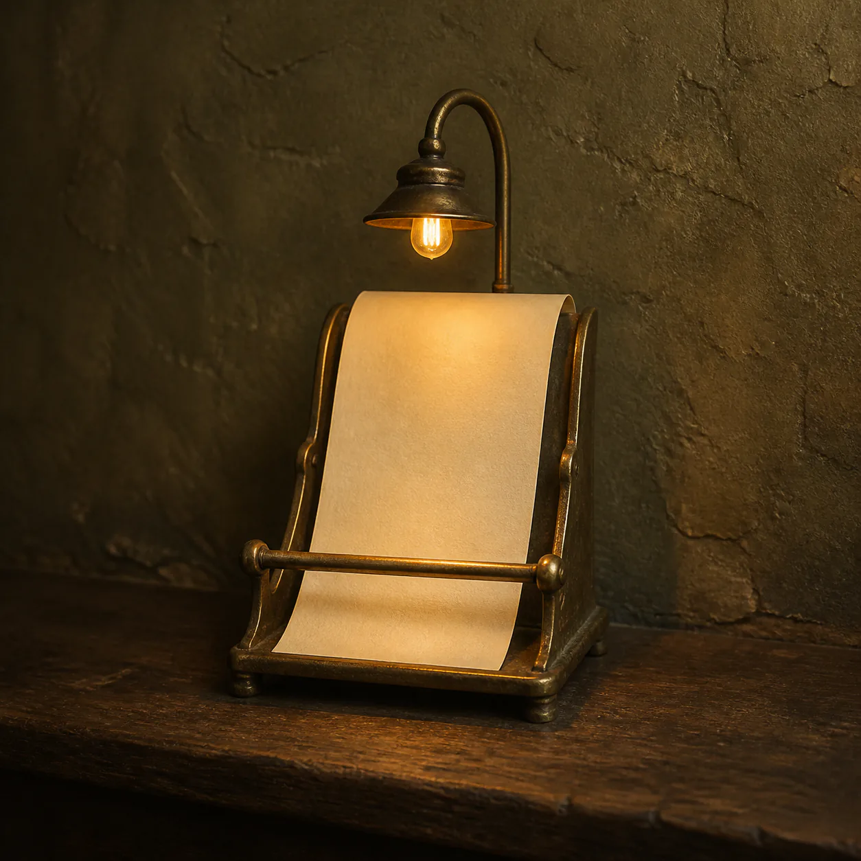 Editorial interpretation of a brass receipt warmer holding blank paper beneath a low amber bulb