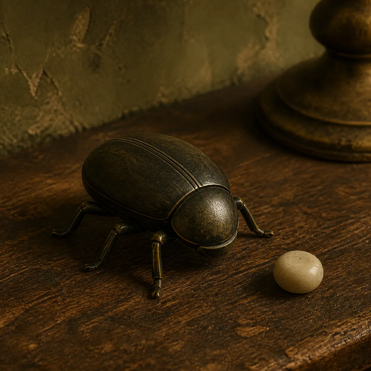 Editorial interpretation of an eyeless blackened-brass beetle beside a loose ceramic full stop