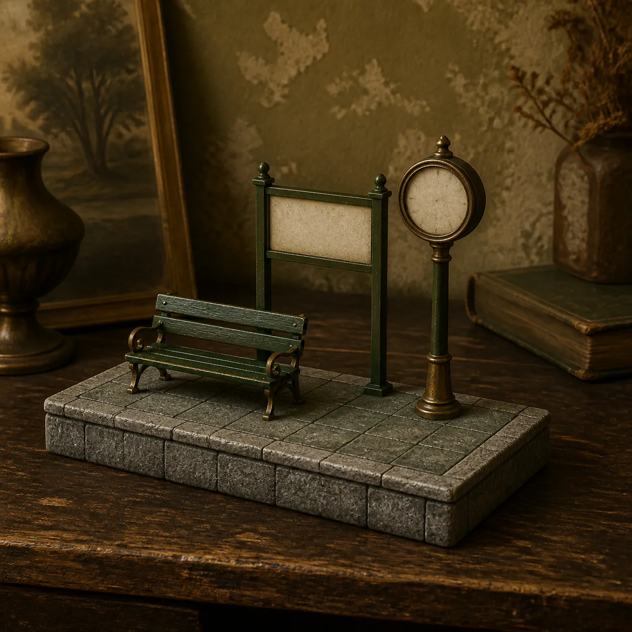 Editorial interpretation of a pocket-sized station platform with green bench, blank sign, handless clock and no tracks