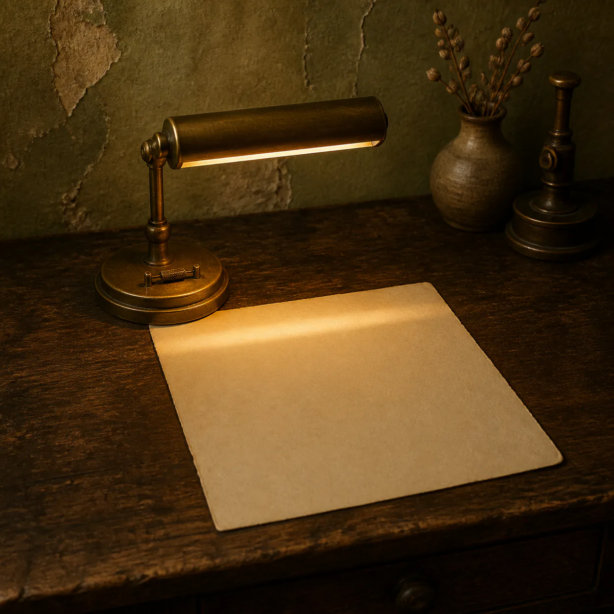 Editorial interpretation of a low brass reading lamp casting light across only the top of a blank page