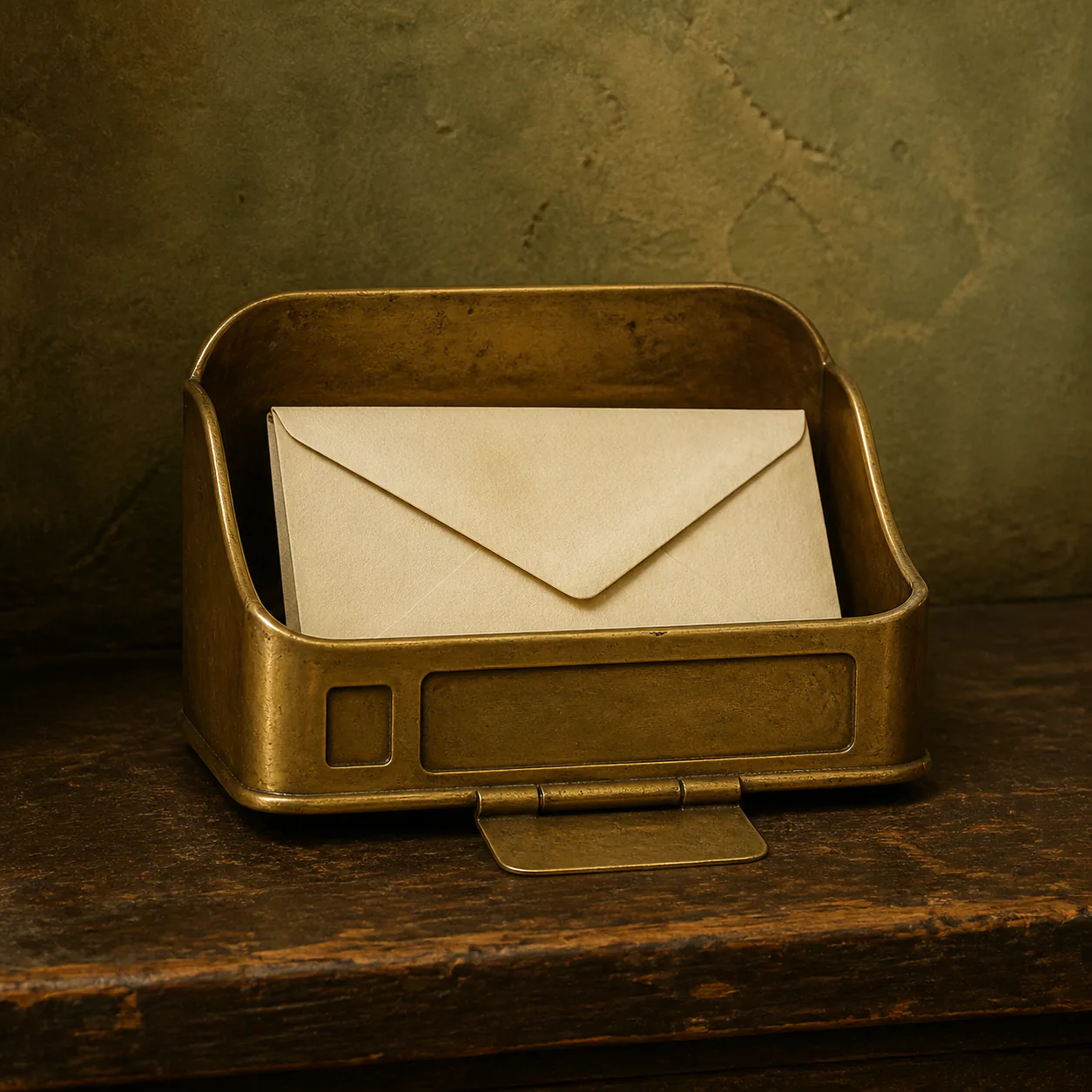 Editorial interpretation of a one-column dented brass sorting tray holding one blank envelope