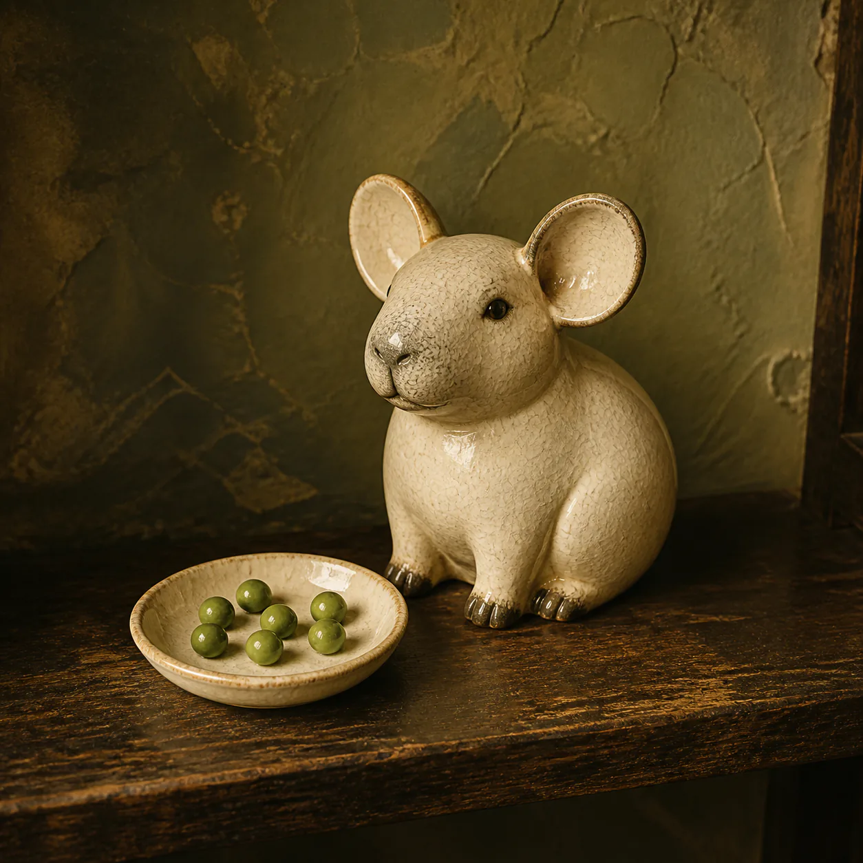 Editorial interpretation of a small cream porcelain capybara with oversized ears beside a saucer of seven green peas