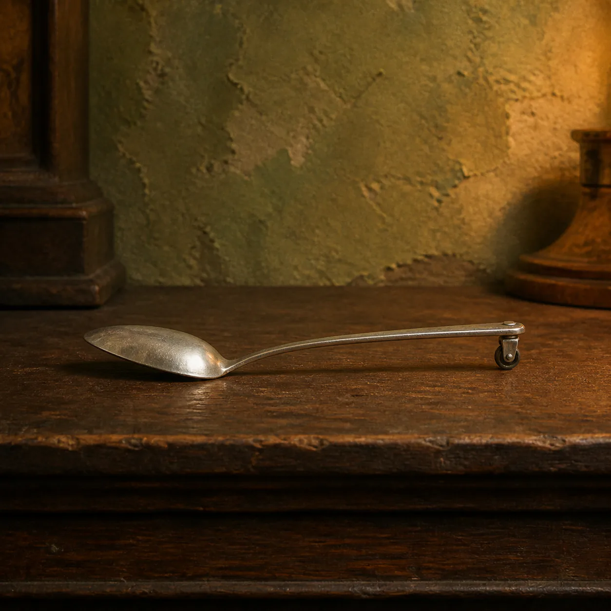 Editorial interpretation of a stainless-steel teaspoon resting on one lentil-sized caster wheel
