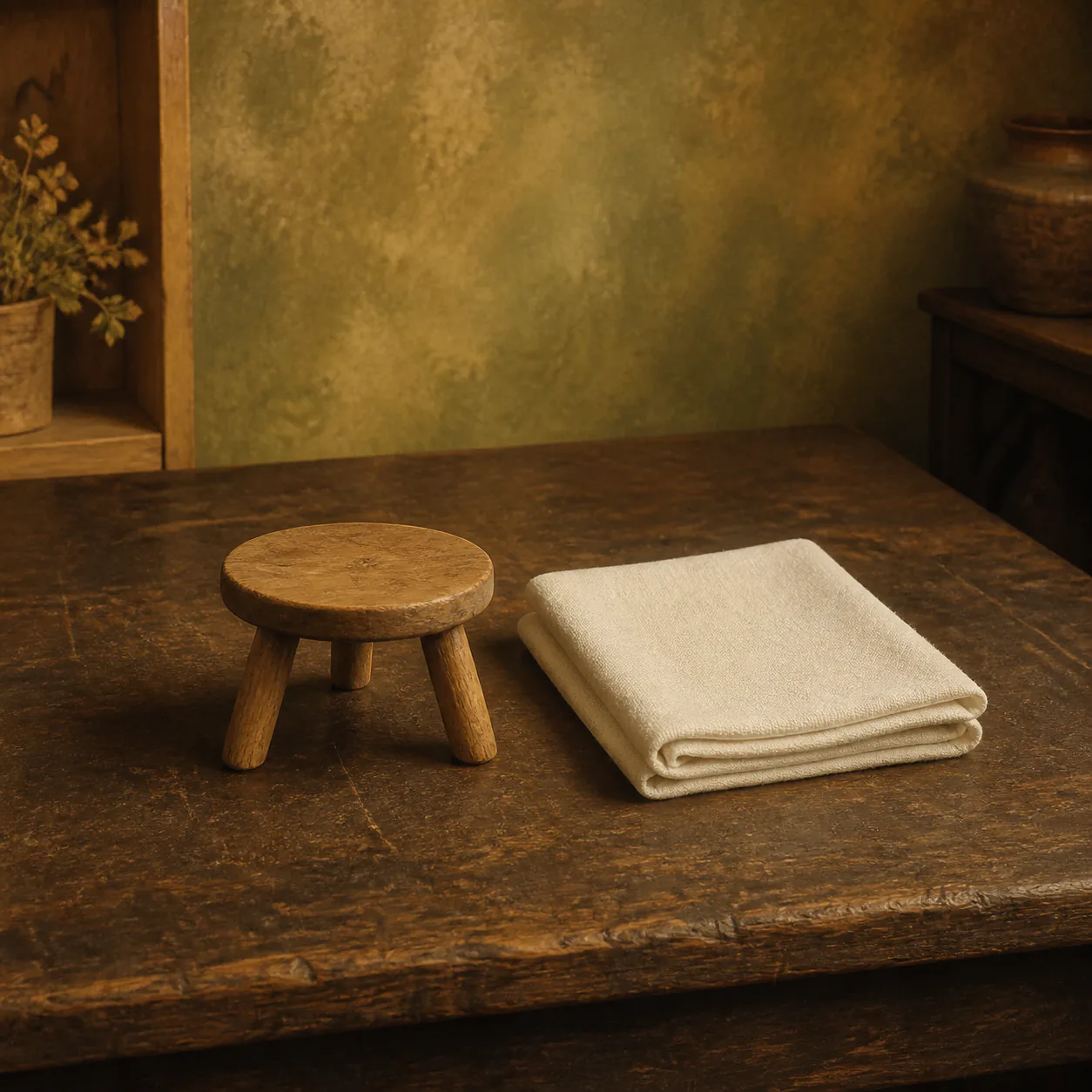 Editorial interpretation of an empty three-legged wooden stool beside folded cream linen