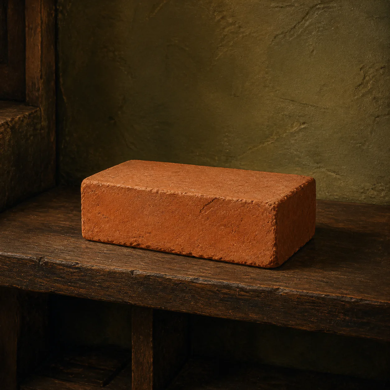 Editorial interpretation of a plain palm-sized terracotta brick resting on a wooden shelf with no heat source
