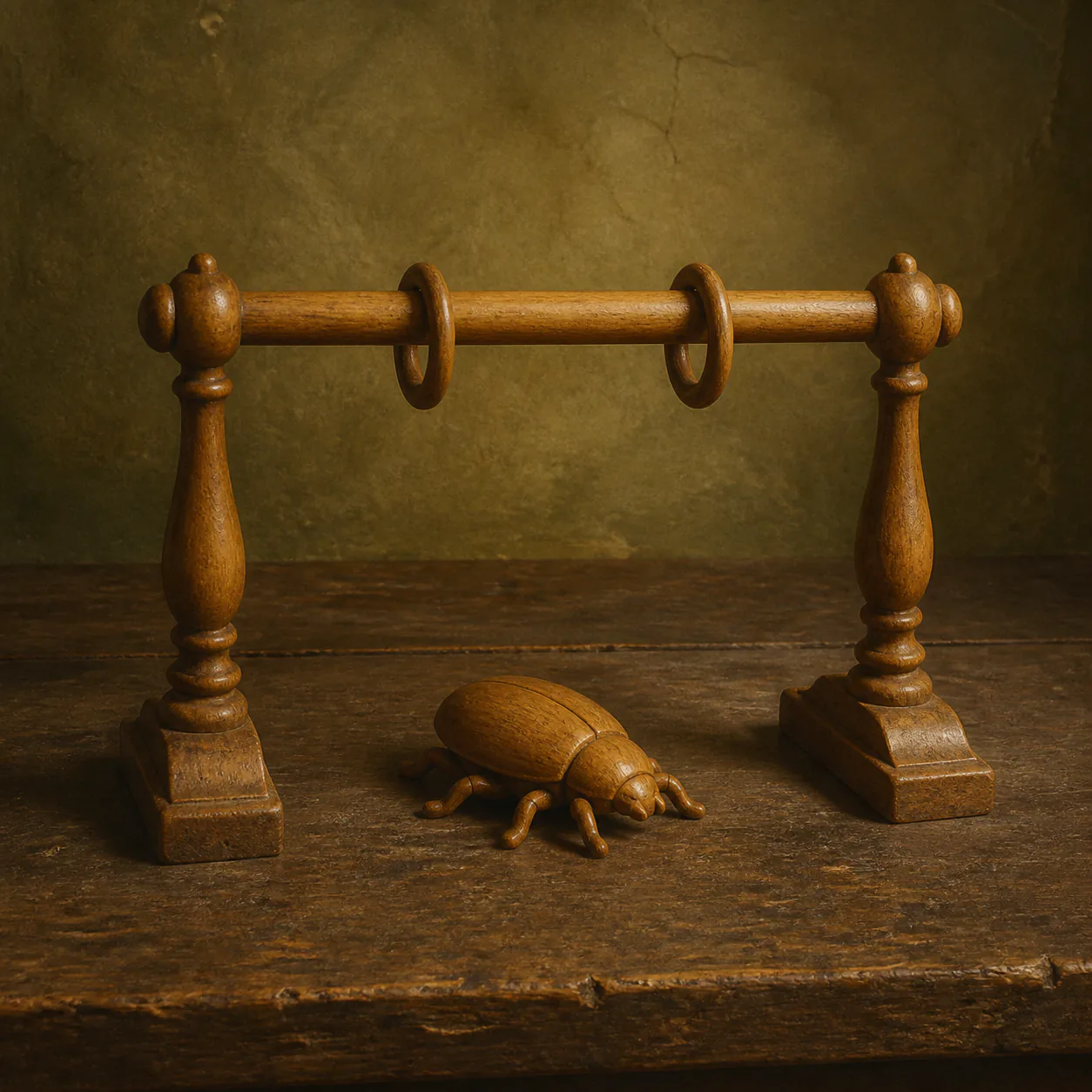 Editorial interpretation of an eyeless wooden beetle beneath a miniature rod with two empty curtain rings and no curtain