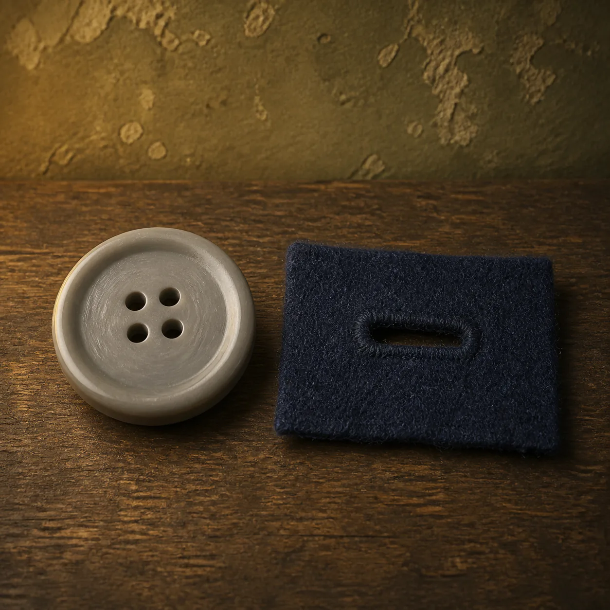 Editorial interpretation of a pearl-grey coat button resting beside a navy wool buttonhole that is slightly too small