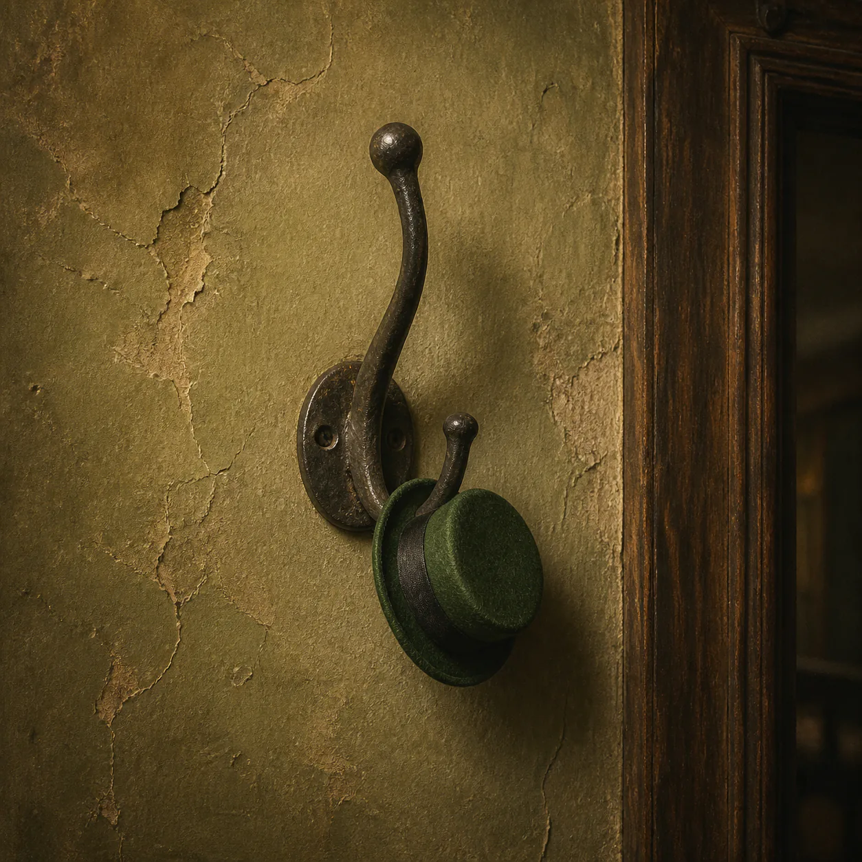 Editorial interpretation of a crooked dark iron coat hook beside a doorway holding one very small green hat