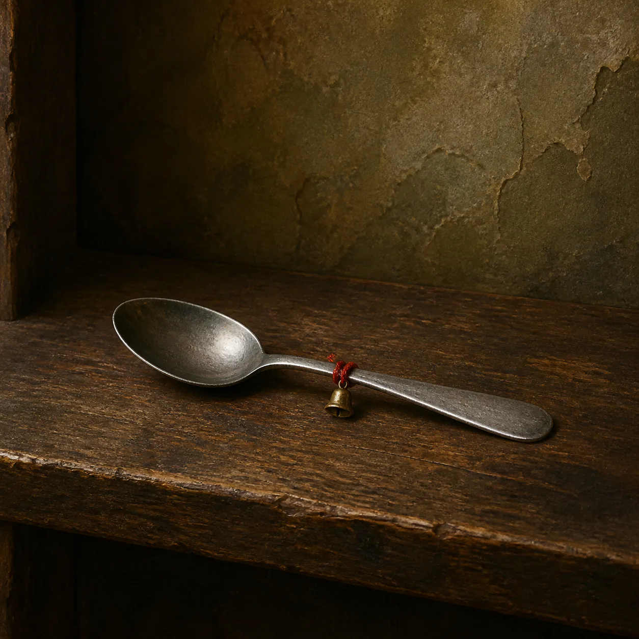 Editorial interpretation of a plain teaspoon with one tiny brass bell tied to its handle by red thread