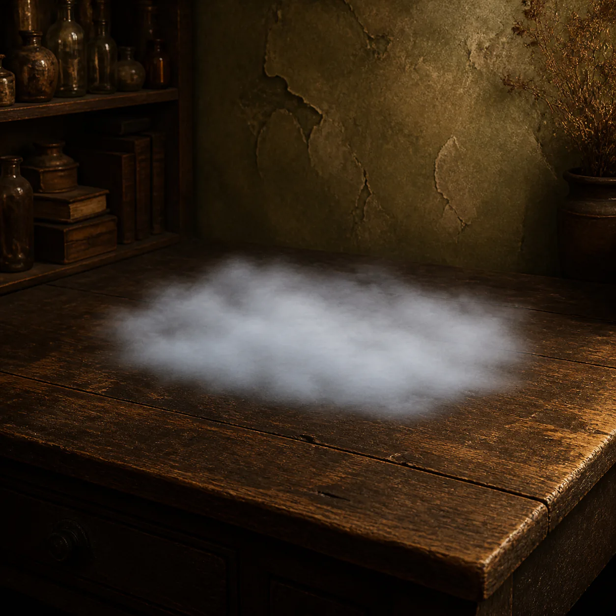 Editorial interpretation of a low pale-grey patch of fog hovering above a wooden worktable