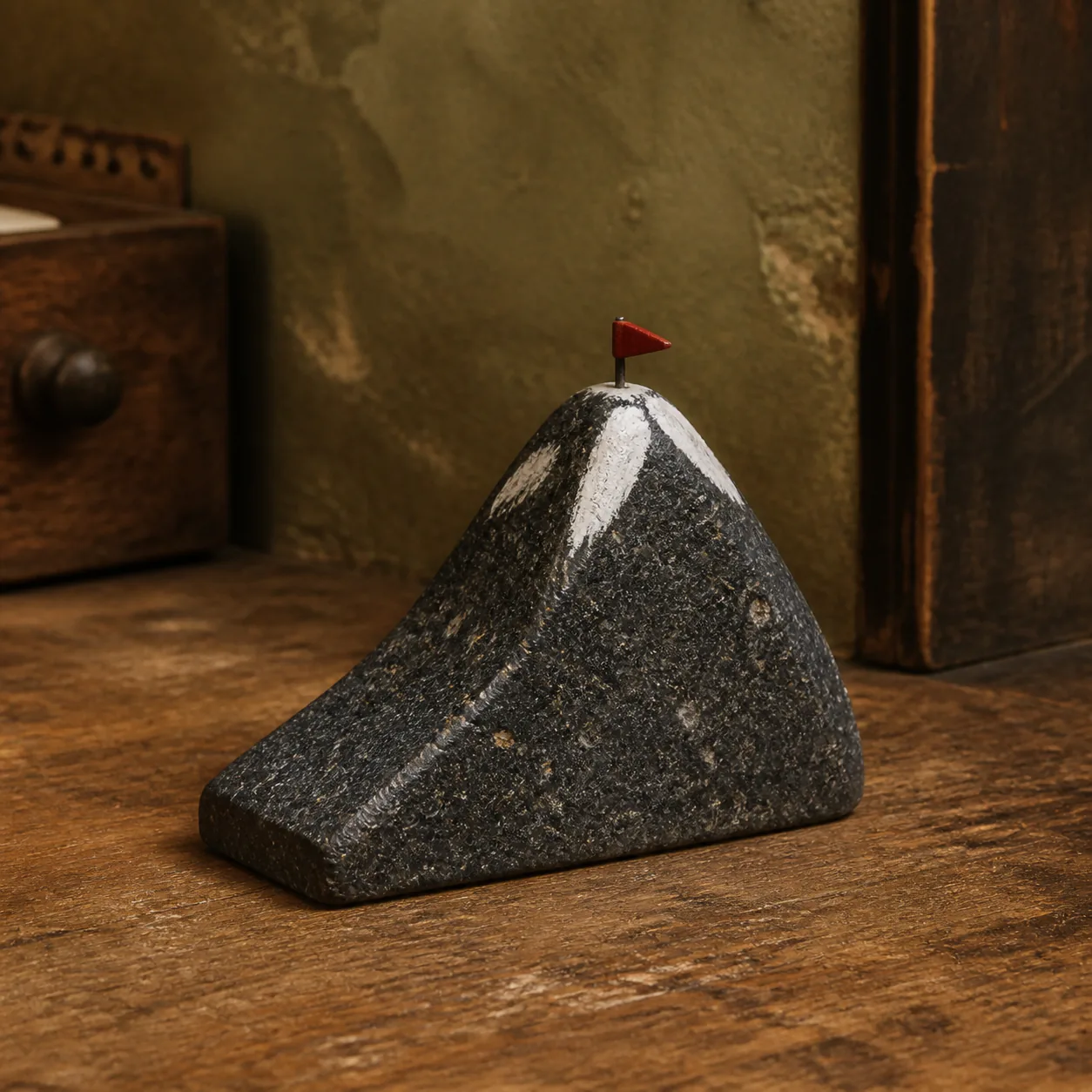 Editorial interpretation of a palm-sized dark stone mountain doorstop with painted snow and one tiny red flag