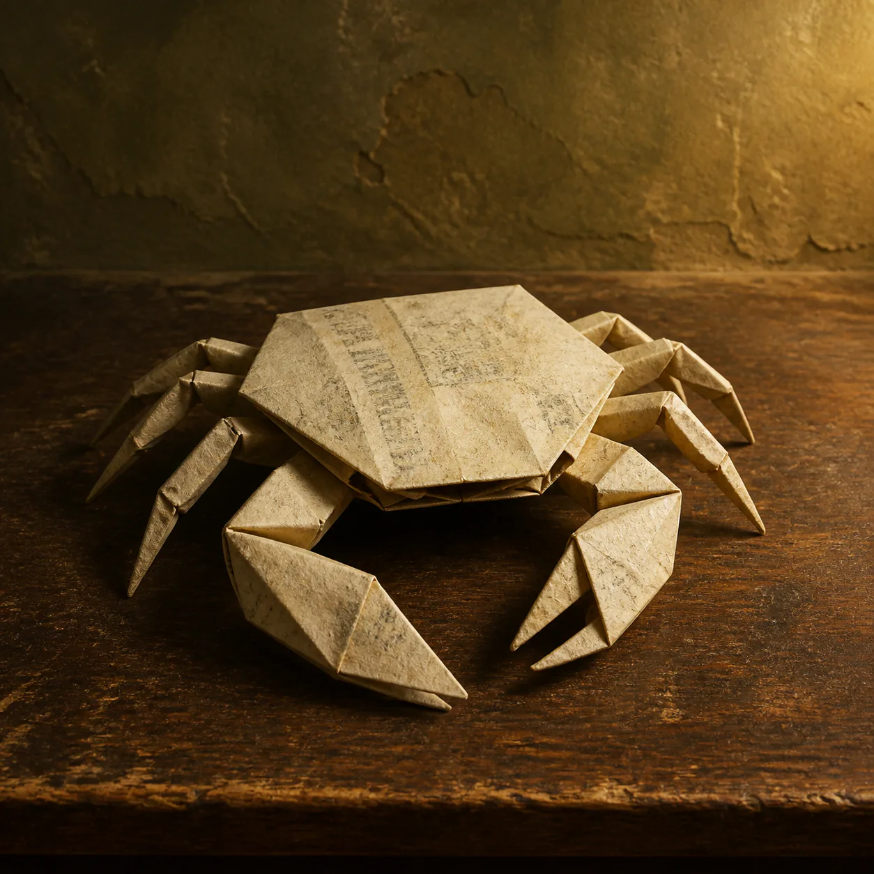 Editorial interpretation of a small paper crab folded from an aged appliance warranty card