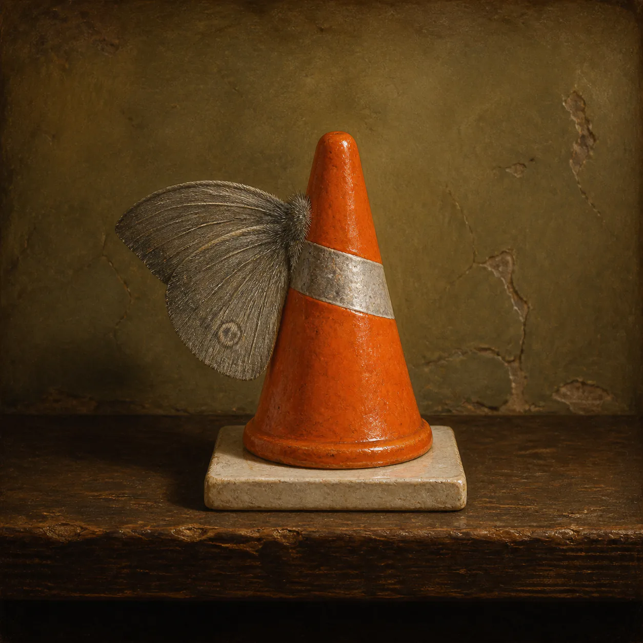 Editorial interpretation of a teacup-sized orange ceramic traffic cone with exactly one grey moth wing