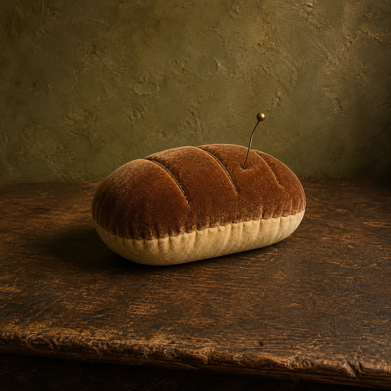 Editorial interpretation of a small brown and cream velvet loaf pincushion holding one slightly bent pin
