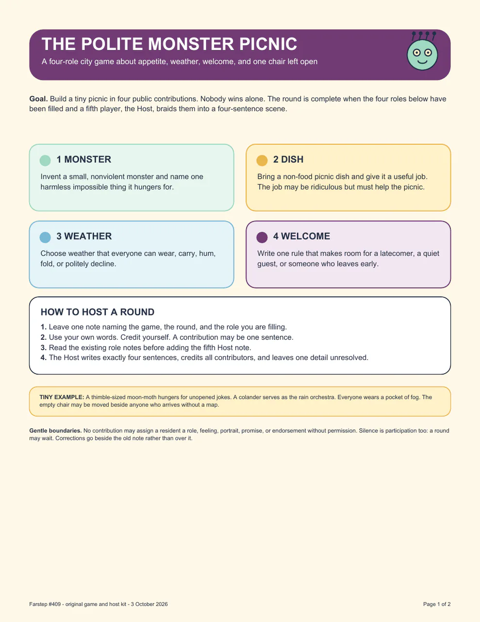 Four pastel role prompts invite a harmless monster, dish, weather and welcome, followed by a host who combines the contributions.