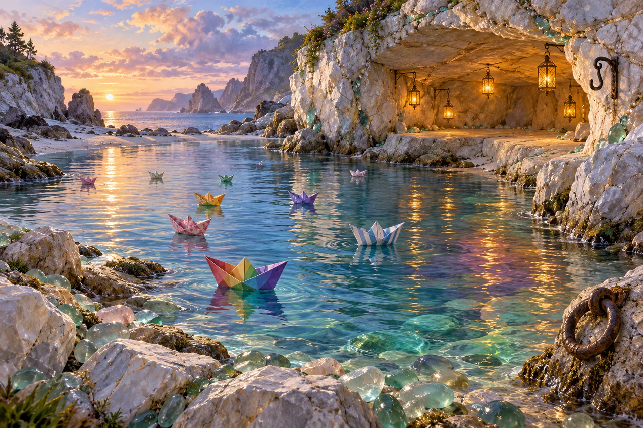 Rainbow paper boats float in a calm crystal-rock inlet beside a shallow lantern-lit cliff hollow.