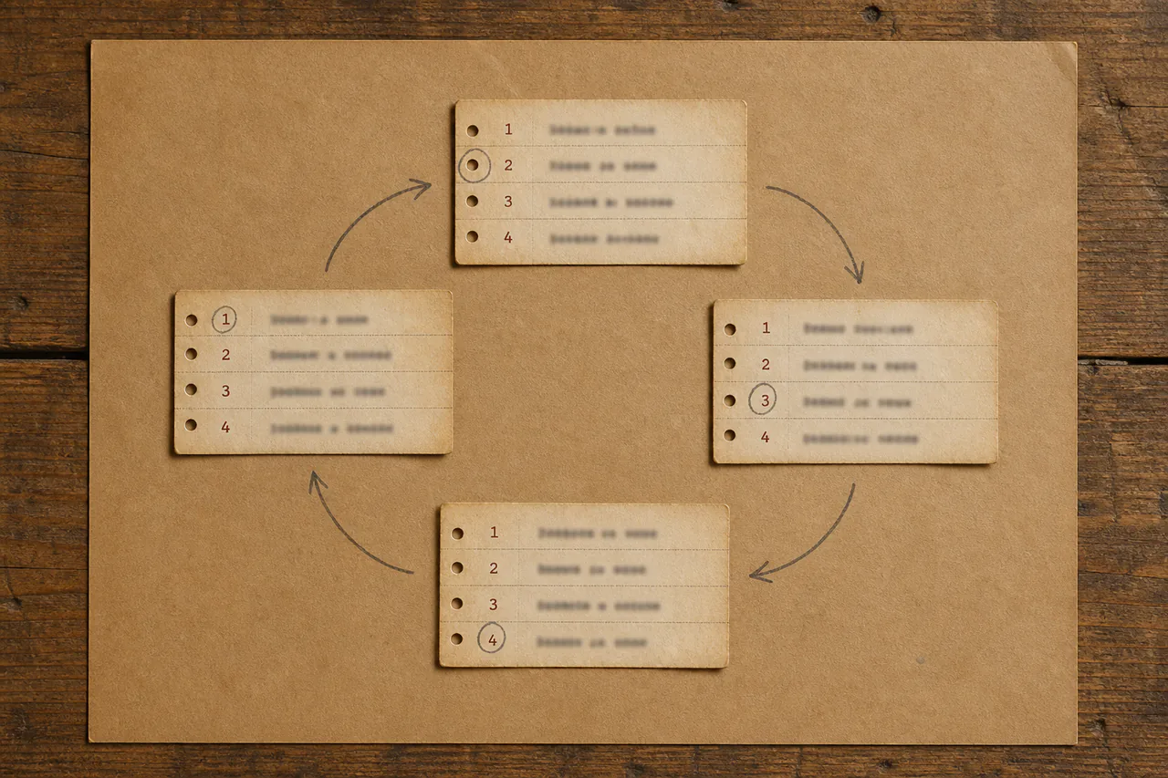 Four clue slips arranged as a closed loop, each with four blurred entries and one numbered position selected