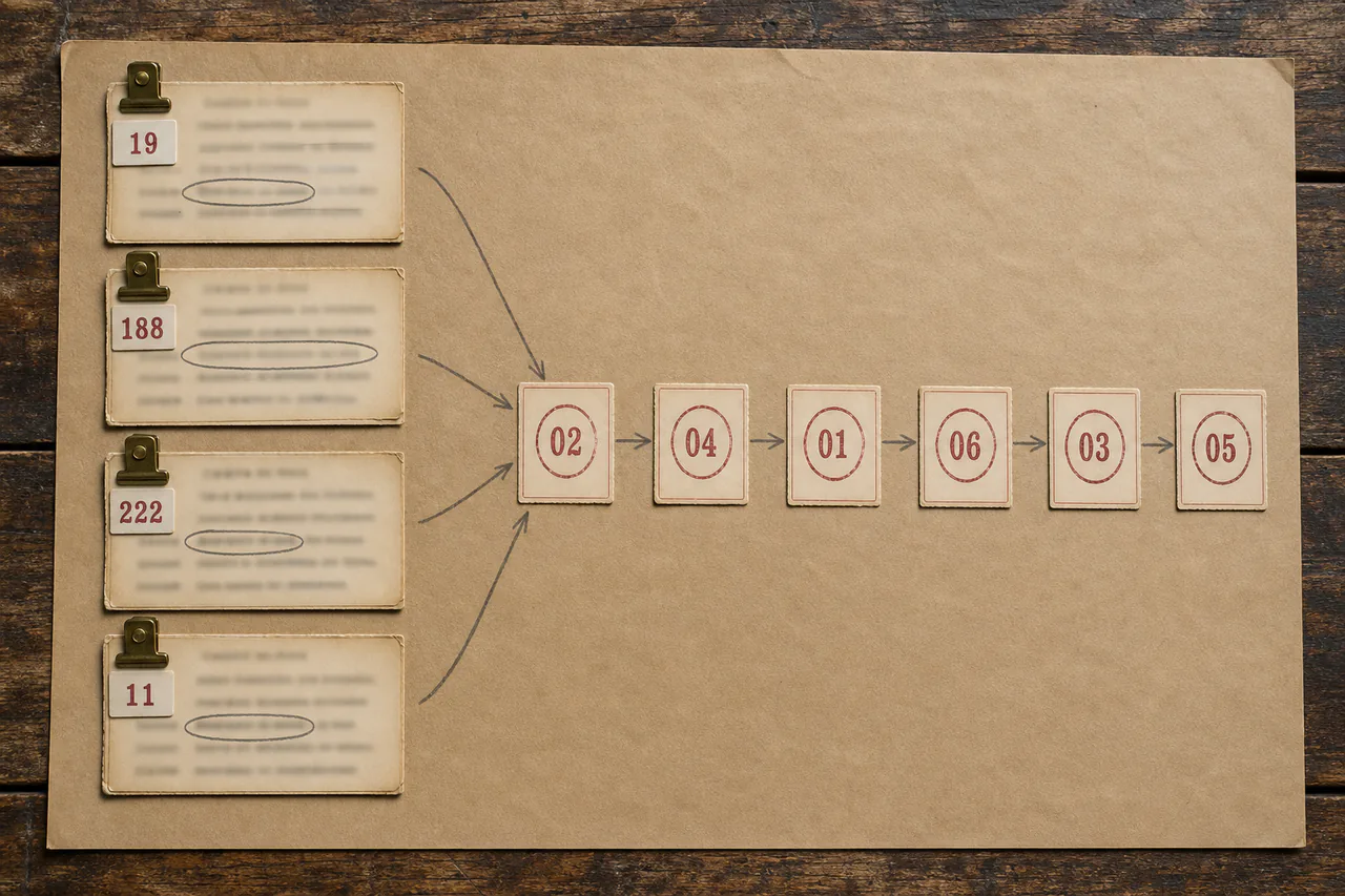 Four witness dockets labelled 19, 188, 222 and 11 feeding into inspection cards ordered 02, 04, 01, 06, 03 and 05
