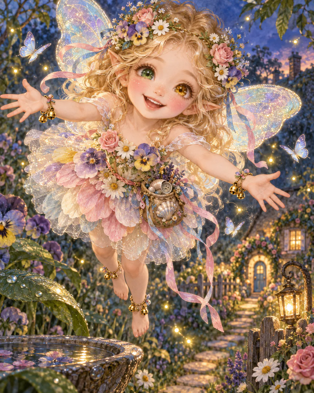 Glimmerbell floats in a twilight garden with soft rainbow-edged wings, mismatched amber and green eyes, a flower crown, petal dress and golden bells