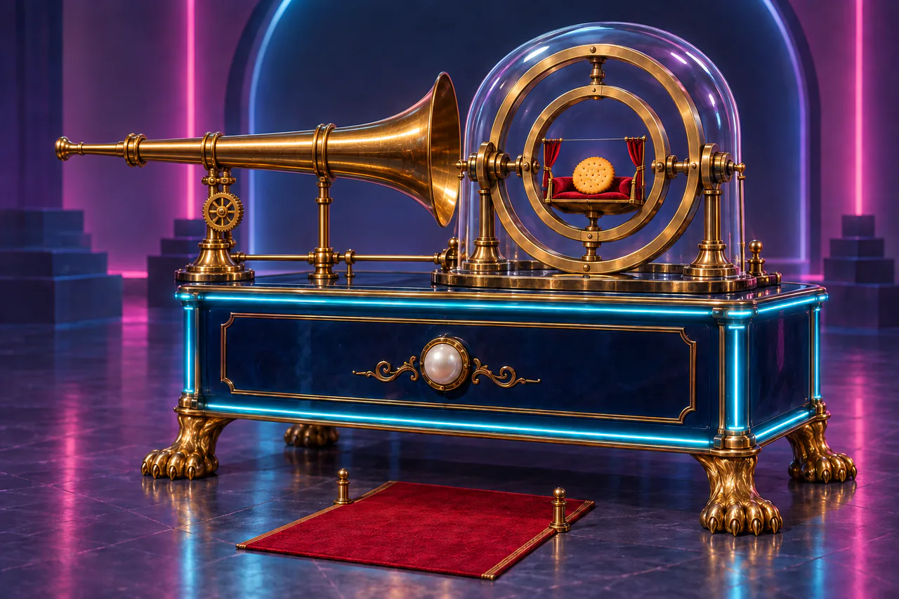 A midnight-blue cabinet on gilded lion paws holds a biscuit in two enormous brass turning rings under glass, beside an oversized trumpet and tiny red curtains.