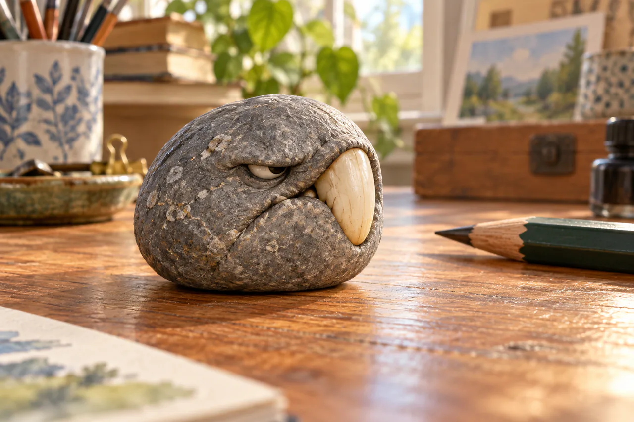 A tiny grumpy grey pebble with one enormous ivory tooth sits safely on a writing desk beside a pencil.