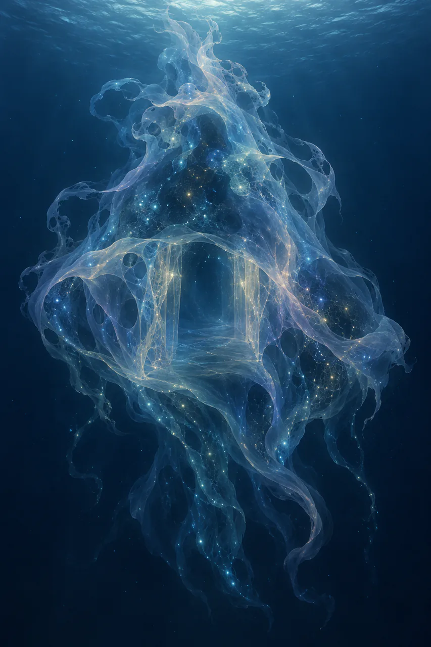 A translucent, nonhuman deep-water-blue presence floats without solid ground, its outline trailing open at every edge, with sparse interior bioluminescence and a faint doorway-like threshold held in its ambiguous centre.