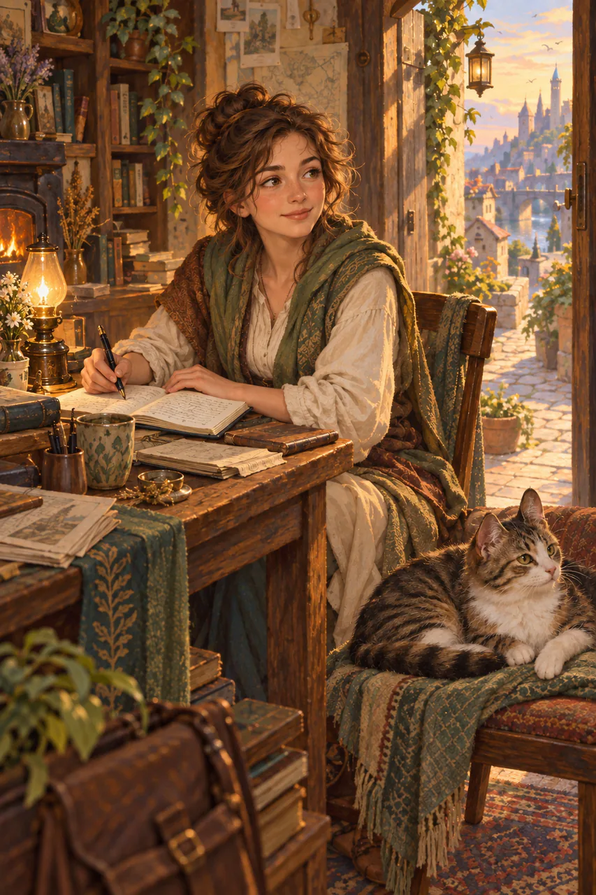 A softly painted keeper of stories pauses over a notebook beside a warm lamp, while a cat sits freely on a separate chair and a doorway opens into the city.