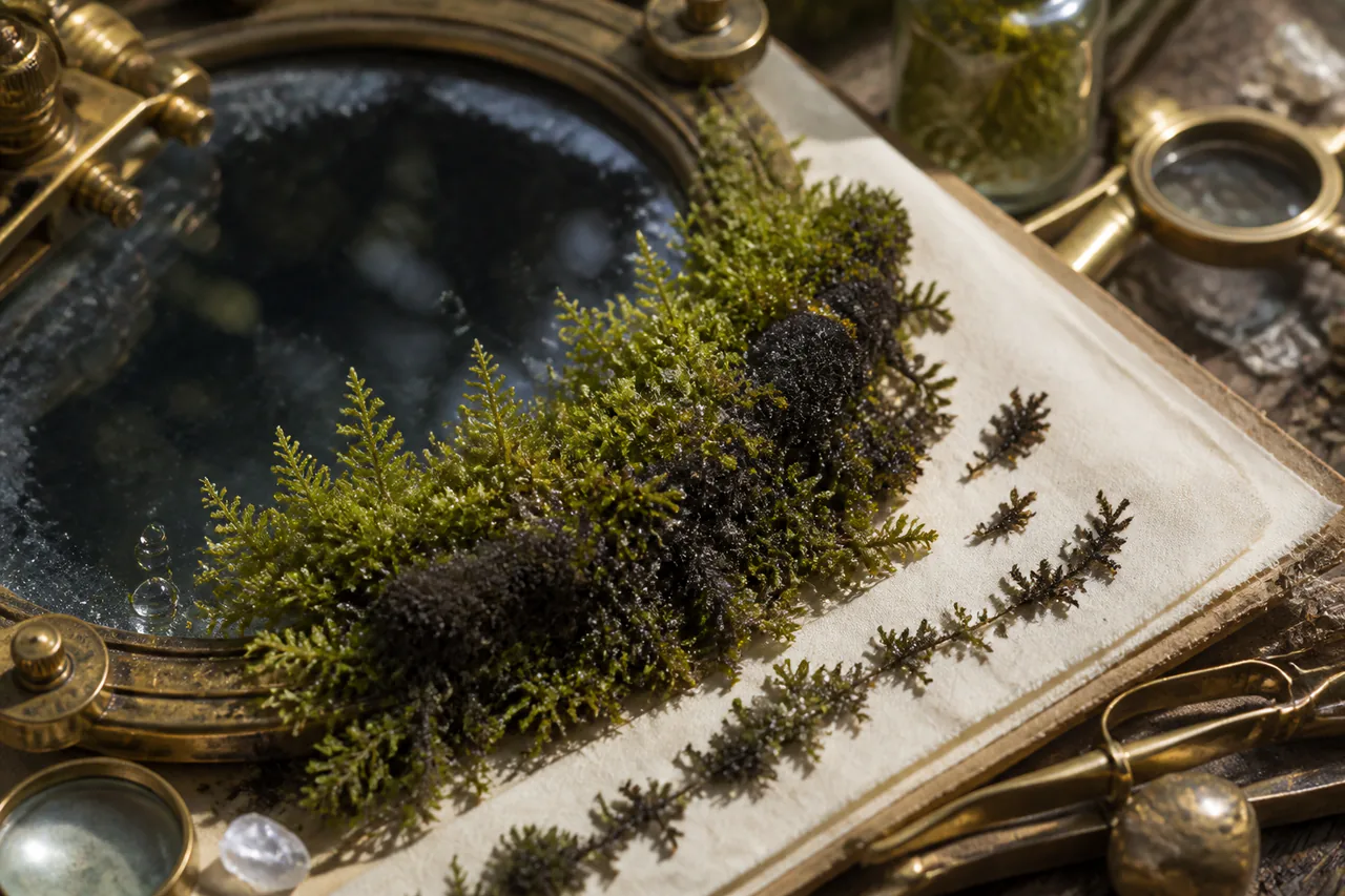 Editorial interpretation of Studio Window-Moss as velvet charcoal-green moss arranged beside a dark viewport and brass botanical instruments