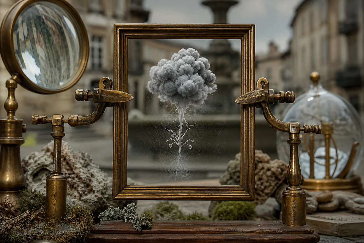 Editorial interpretation of the Frame-Storm Seedling as a tiny cloud-shaped cryptogam hovering inside an empty brass frame