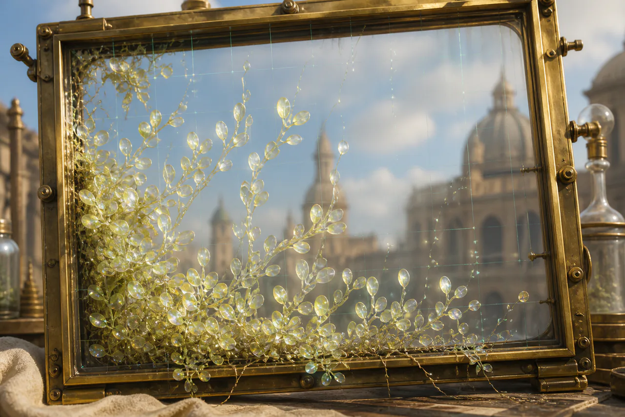 Editorial interpretation of Fenestra-Lux Window-Moss as translucent pale fronds spreading across a brass-framed viewport
