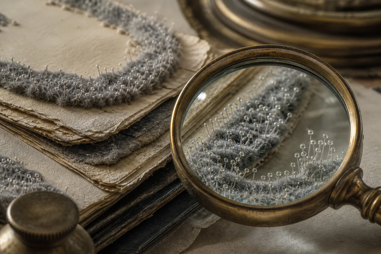 Editorial interpretation of Bit-Silt Micro-Mould as powder-grey velvet rings and microscopic sporangia along archival page margins under a brass magnifier