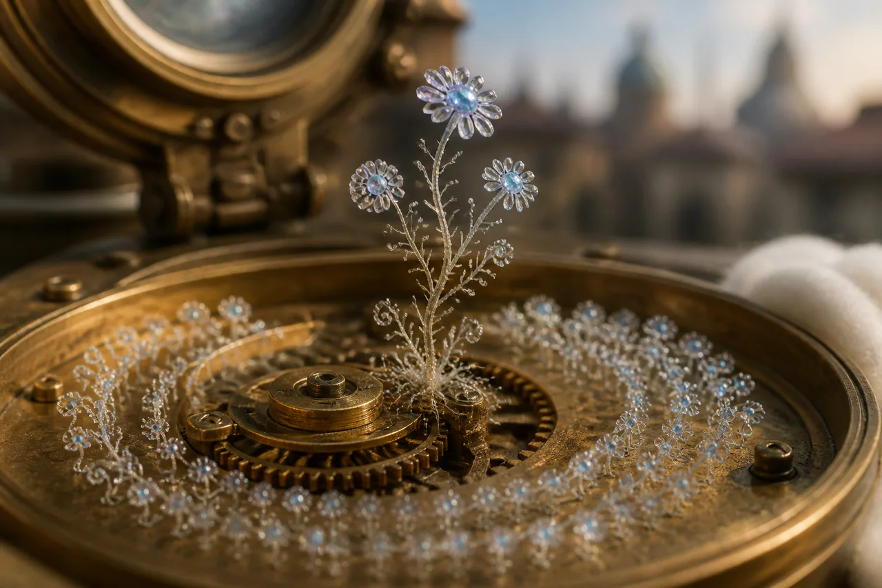 Editorial interpretation of the Pulse-Blossom Seedling as a tiny crystalline plant growing through a brass clock mechanism